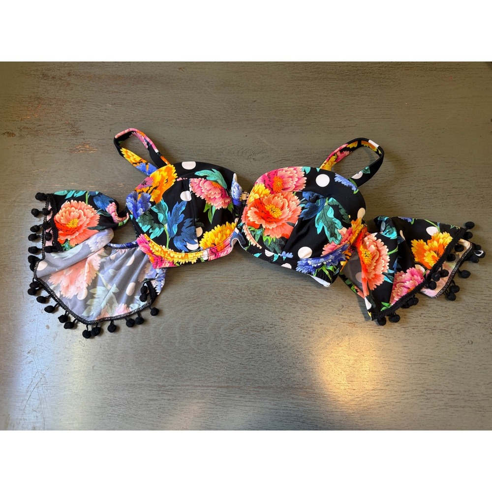 ASOS Swim Floral Polka Dot Pom Pom Off Shoulder Bikini Top Underwire Black 32G
